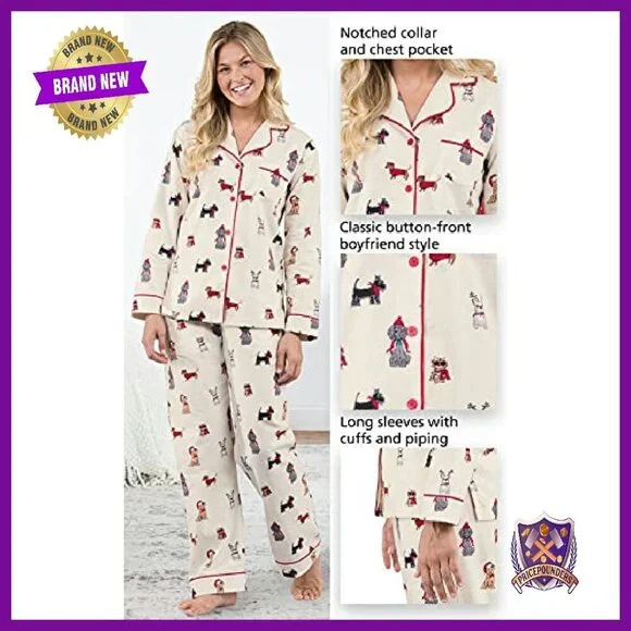 Women's Flannel Pajama Set Long Sleeve Button Down Top Elastic Waist Pants - Picture 6 of 8
